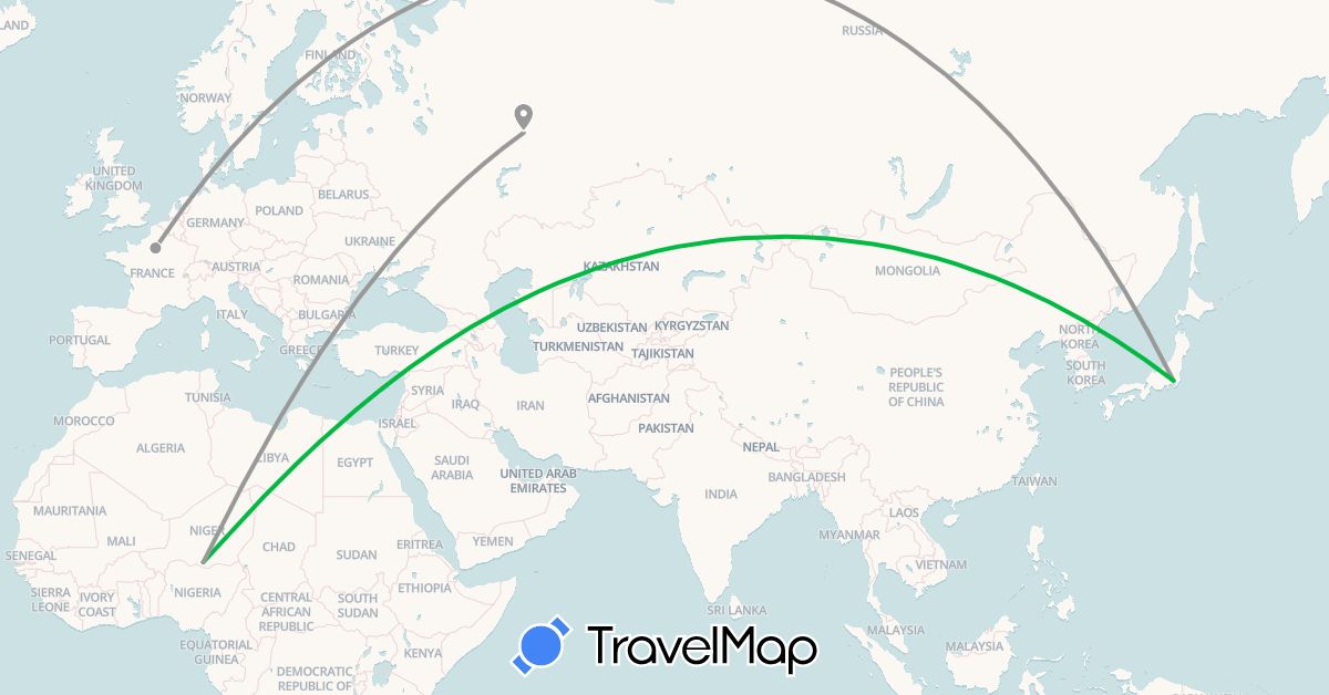 TravelMap itinerary: driving, bus, plane in France, Japan, Niger, Russia (Africa, Asia, Europe)